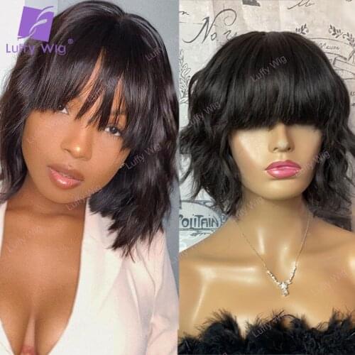 Natural Wave Short Bob Wigs With Bangs Brazilian Remy Human Hair Machine Made O Scalp Top Wig Glueless For Black Women Luffy