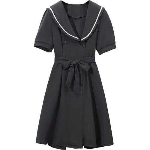 PERHAPS U Women Elegant ArmyGreen Bow Belt Sashes Sailor Collar Double Breasted Slim Short Sleeve Dress D3046