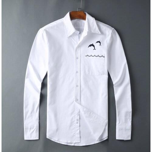New 21 Men Oxford Classic embroidery dolphin Fashion Cotton Casual Shirts Shirt high quality Pocket long-sleeves Top M 2XL #M50
