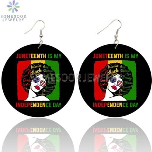 SOMESOOR Inspire Black Beauty Juneteenth Design Wooden Drop Earrings Melanin Poppin Freedom Sayings Printed Loops For Women Gift