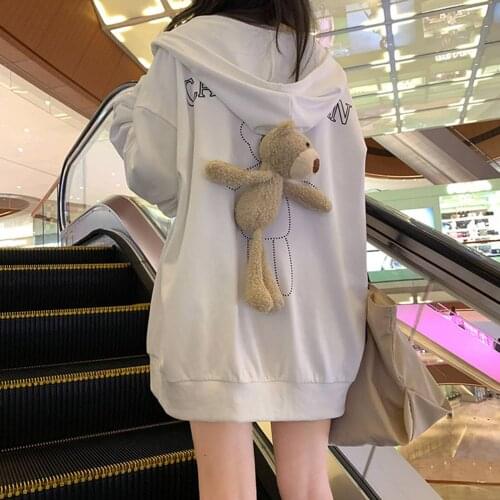 Hoodies with doll bear Sweatshirt Aesthetic Clothes Zip Up Vintage Coat Oversized Hoodies Retro 90s Pullovers E-girl Winter Tops