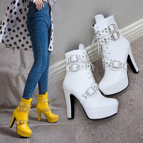 YMECHIC 5 Color Buckle Rivet Fashion Biker High Heel Boots Platform Yellow Heels Shoes Knight Lace Up Ankle Boots Ladies Booties
