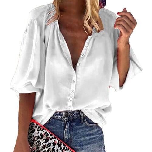 Women Casual Shirt 2021 Lantern Sleeve Solid Color Women Blouse Simple V-Neck Buttons Closure Casual Shirt Streetwear