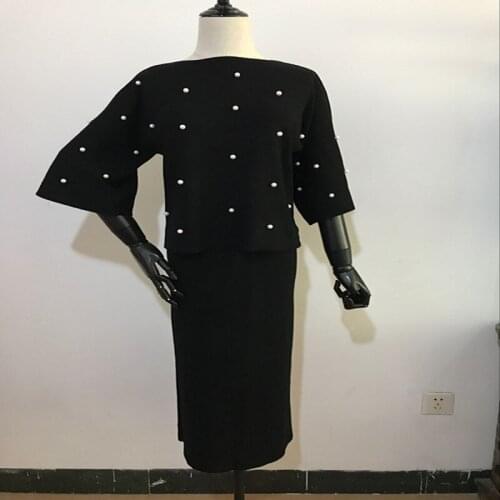 Women Knitted Pearls Sweaters+Maxi Skirts Sets Half Sleeve Graceful Woman Solid Sweater Pullovers Skirt 2PCS Suits