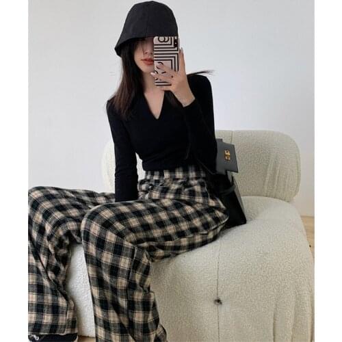 LMQ NEW 2020 Women Vintage High Waist Plaid Wide Leg Pants Casual Korean Streetwear Cool Girl Trousers Harem Sweatpants Winter