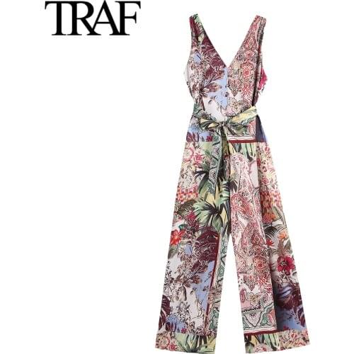 Traf Women Clothing 2021 Summer Chic Sleeveless V-neck Frenulum Jumpsuit Seaside Holiday Retro Printing Wide Leg Jumpsuits Long