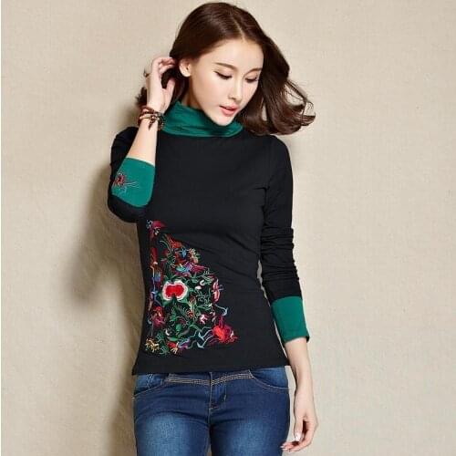 Women Pullover Shirts Female Winter Ethnic Long Sleeve Turtleneck Green Black Floral Embroidery T-shirt Blusa Feminina