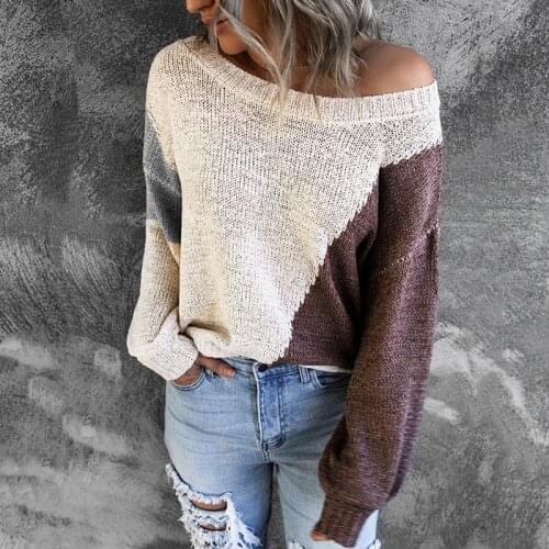 Women Color Patchwork Autumn Winter Sweater O Neck Long Sleeve Casual Loose Knitted Pullover Pull Jumper Sweaters Khaki Fall Top
