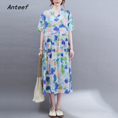 Short sleeve cotton vintage floral dresses for women casual loose long woman summer dress elegant clothes 2021