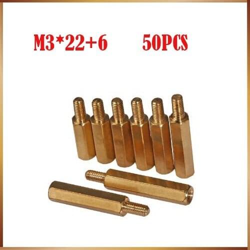50pcs M3 Male 6mm x M3 Female 22mm Brass Standoff Spacer M3 22+6 Copper Hexagonal Stud Spacer Hollow Pillars m3*22+6mm