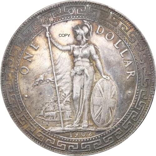 United Kingdom 1 Dollar British Trade Dollar 1902 One Dollar Cupronickel Plated Silver Hong Kong Yi Yuan Copy Coin