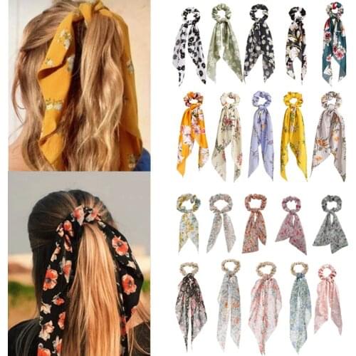 Floral Colorful Bow Satin Long Ribbon Hair Scrunchies Ponytail Holder Hairband Scrunchy 2021 New Hair Ties Hair Accessories