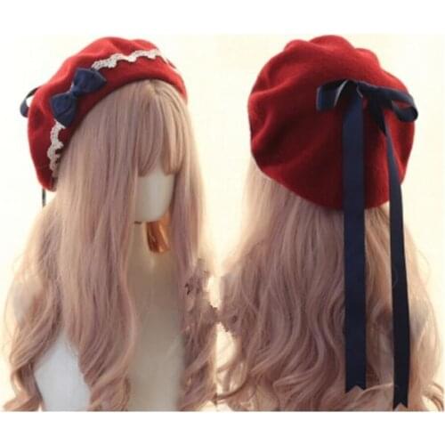 Handmade Lace Bow Ribbon Sweet Beret Wool Warm Painter Hat Mori Girl Lolita Autumn Winter Retro Pancake Cap B844