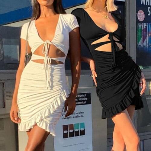 Hot Sales Women Dress V Neck Slim Polyester Ruffled Ruched Mini Dress for Club