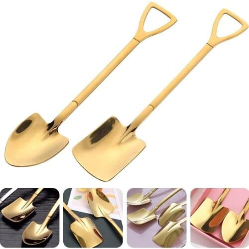 2PCS 304 Stainless Steel Spoons Set Creative Retro Cute Iron Shovel Shape Ice Cream Dessert Spoon Silver Gold Flatware Set