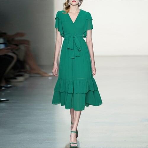 Fashion Designer Dress Women Green Ruffles Patchwork Short Sleeve Belt A-Line Slim Elegant Dresses
