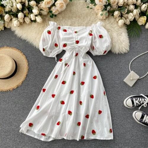 First love skirt fruit embroidery western style puff sleeve scheming clavicle one-shoulder dress female 2021 Z868