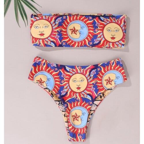 Kili Female Sexy Open Back Wrap Chest Split Swimsuit Female Print High Waist Bikini Red