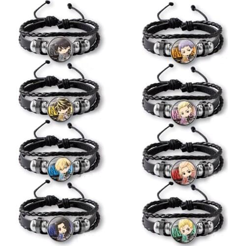 Anime Cartoon Tokyo Revengers Adjustable Leather Bracelet Cosplay Anime Tokyo Manji Revengers Glass Snap Button Charms Bracelets
