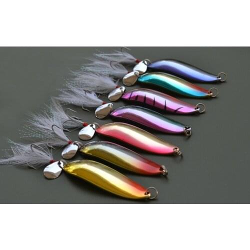 7PCS Fishing Fish Spoon Lure Treble Feather Hook Spinner baits 14g Free shipping