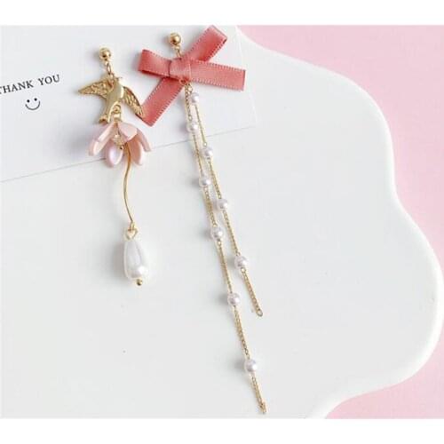 Flower pendant earrings bowknot Dangle Earrings creative asymmetric long tassels eardrop ear clip B1081