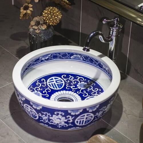 Blue white Chinese Europe Vintage Style Art wash basin Ceramic Counter Top Wash Basin Bathroom Sinks bathroom sinks vessel bowls