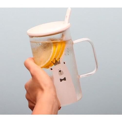 550ml handgrip Glass Mugs Cute Bear Cartoon Coffee Milk Tea Mugs Breakfast Cup With Lid Spoon Drinkware Christmas Novelty Gifts