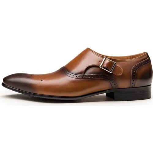 Top Quality Genuine Leather Single Buckle Mens Formal Shoes Man Retro Wedding Slip On Dress Brown Office Work Prom Brogue Shoes