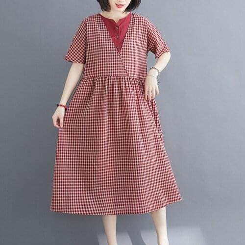 Uego V-neck Patchwork Plaid Preppy Style Dress Cotton Linen Short Sleeve Loose Summer Dress Plus Size Women Holiday Casual Dress