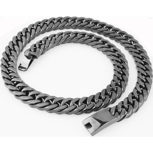 High Quality Huge Heavy 316L Stainless Steel Black Polished Double Cuban Chain Mens Necklace Or Bracelet Jewelry Gift 7-40" 15mm