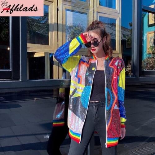 Sequined Jacket Women Autumn And Winter Loose Korean Streetwear Geometric Pattern Night Club Hip Hop Long Sleeve Party Jacket