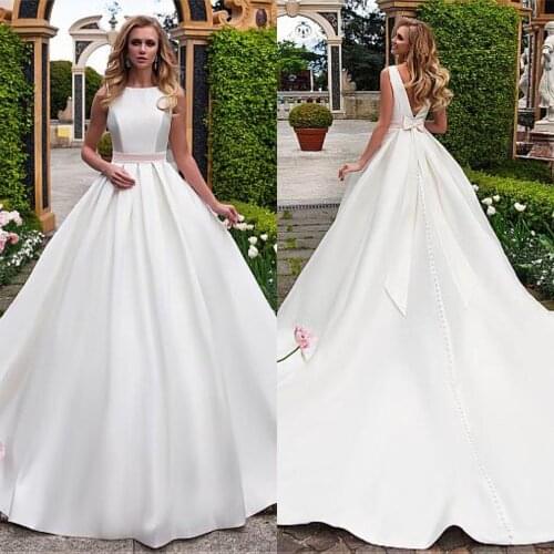 Charming Satin A-line Wedding Dress Court Train with Belt V-Back Pleated Bridal Gowns Vestidos de novia 2019