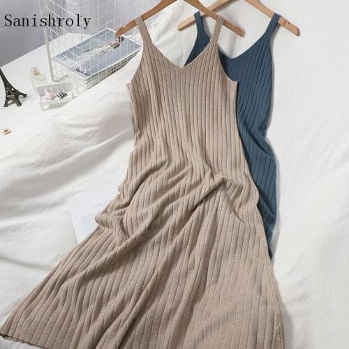 Sexy V-Neck Stripe Sweater Tank Dress Autumn Women Sleeveless Knitted Spaghetti Strap Dress Female Large Hem A Line Long Dresses
