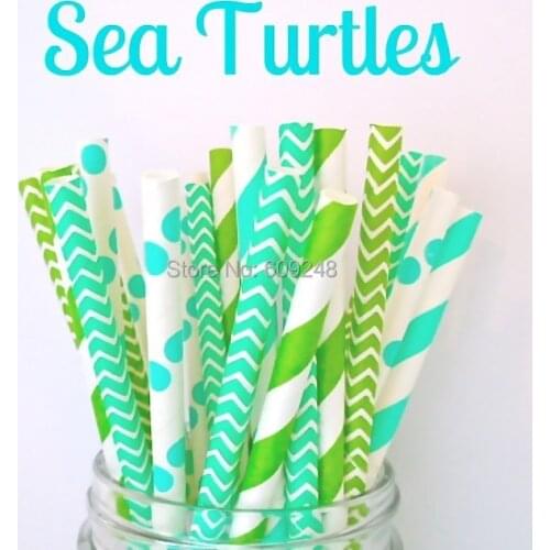 125pcs Mixed Colors Sea Turtles Party Paper Straws,Lime Green Stripes,Lime Green Chevron,Aqua Stripes,Aqua Dots,Aqua Chevron