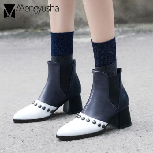 Patchwork riding boots women british thick square heel autumn platform shoes big size rivets pointed toe ankle bottine woman