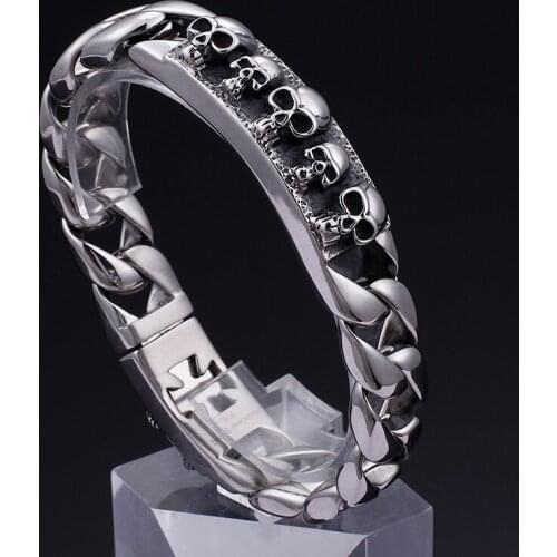 316L Stainless steel Skull skeleton Link Chain bracelet Bangle Mens 15mm 8.66'' heavy 91g weight