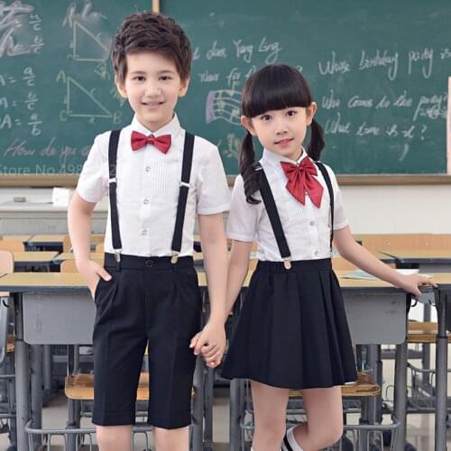 110-160cm Kids Baby Boy Girls School Team Uniform Chorus Japanese Stage Performance Set Fancy Overalls Skirt Shirt Collar Outfit