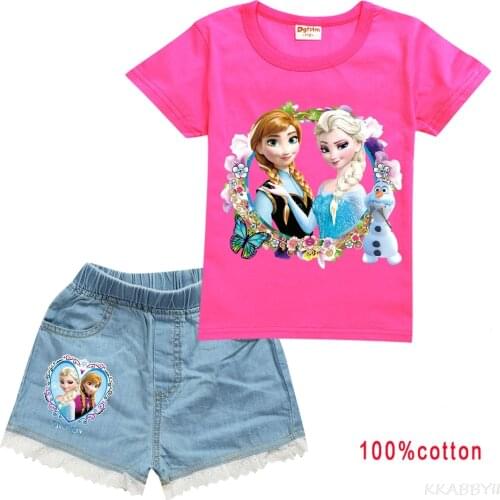 Disney Kids Summer Princess Clothing Set girls short-sleeved sui Frozen t cotton T shirt + jean shorts suits