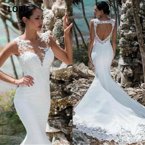 Elegant Lace Appliques with Sequined Sleeveless Wedding Dresses Mermaid Open Back Bridal Gowns Princess Wedding Gowns