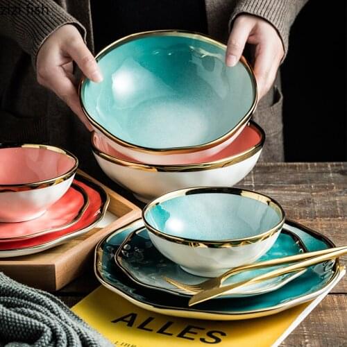 European Gilded Ceramic Dinner Plate Salad Fruit Bowl Golden Border Household Cake Dessert Plate Kitchen Utensils Porcelain New