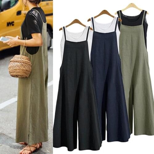 Women Solid Jumpsuit Summer Casual Loose Strap Wide Leg Pants Dungaree Bib Overalls Sleeveless Oversized Cotton Linen Jumpsuits