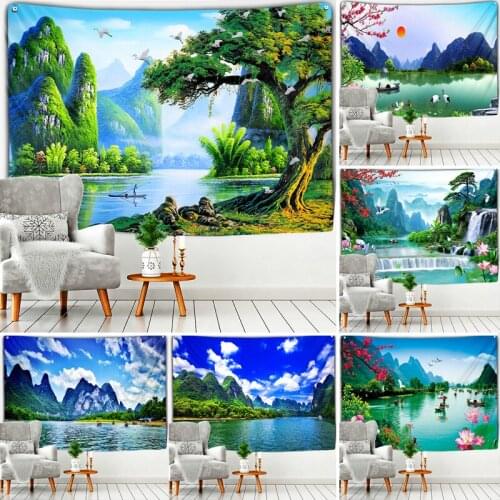 Beautiful Green Mountain Water Landscape Tapestry Cheap Wall Hanging Fantasy Scenery Flower Beach Mat Carpet Living Room Decor