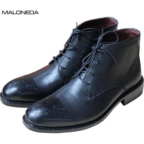 MALONEDE Bespoke High Quality Genuine Leather Male Handmade Goodyear Brogue Style Short Boots Black Color Dress Boots