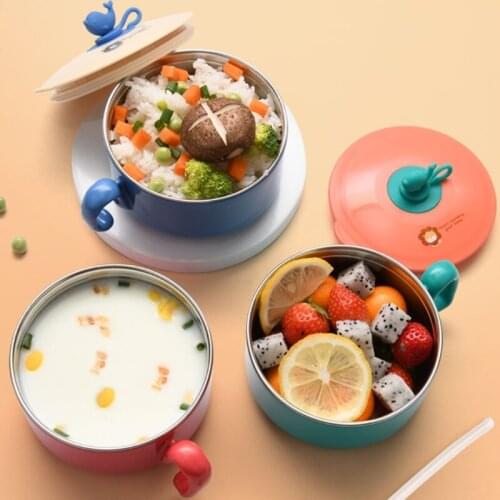 260ml Baby Stainless Steel Straw Insulation Bowl Kids Children Tableware Food Box with Lid Kids Dish Feeding Plate Utensils