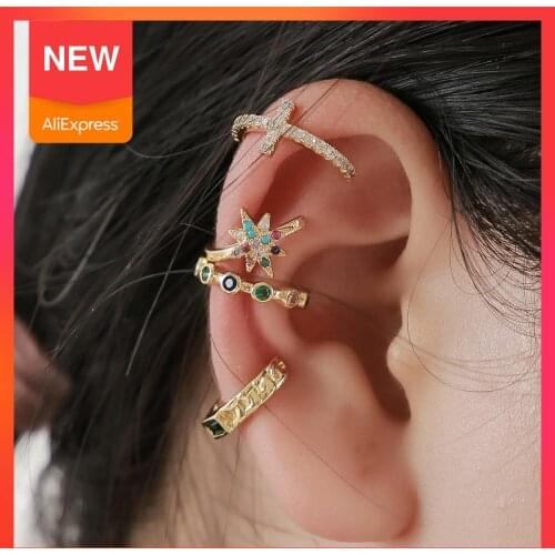Fashion gold cz ear cuff womens earrings clip on cubic zircons no pierced crown rainbow cross ear cilp for women dropshipping