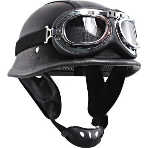 Motorbike Scooter Biker Retro Open Face Half Face Helmet UV Goggles For Harley Vespa Cafe Racer Cruiser Black Leather XL Matt