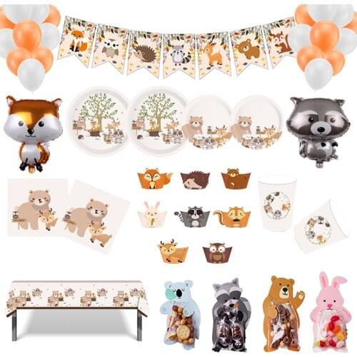 Forest Animal Cartoon Theme Party Disposable Tableware Paper Cup Plates Baby Shower Birthday Decorate Kids favor Party Supplies