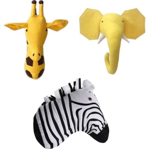 W3JE Wall Hanging Mount Animal Head Toy Stuffed Plush Elephant Zebra Giraffe Head Decor for Child Room
