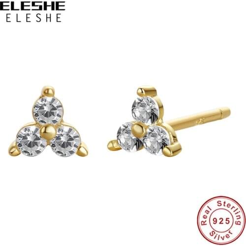 New Fashion 925 Sterling Silver Single Triangle Stud Earrings 14K Gold Plated Crystal Flower Earrings for Women Jewelry