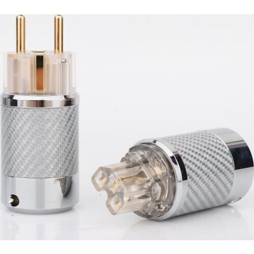 Pair WCF4-TEG Carbon Fiber Gold Plated EU Schuko Power Plug Connector+IEC Plug Connector Hifi Audio